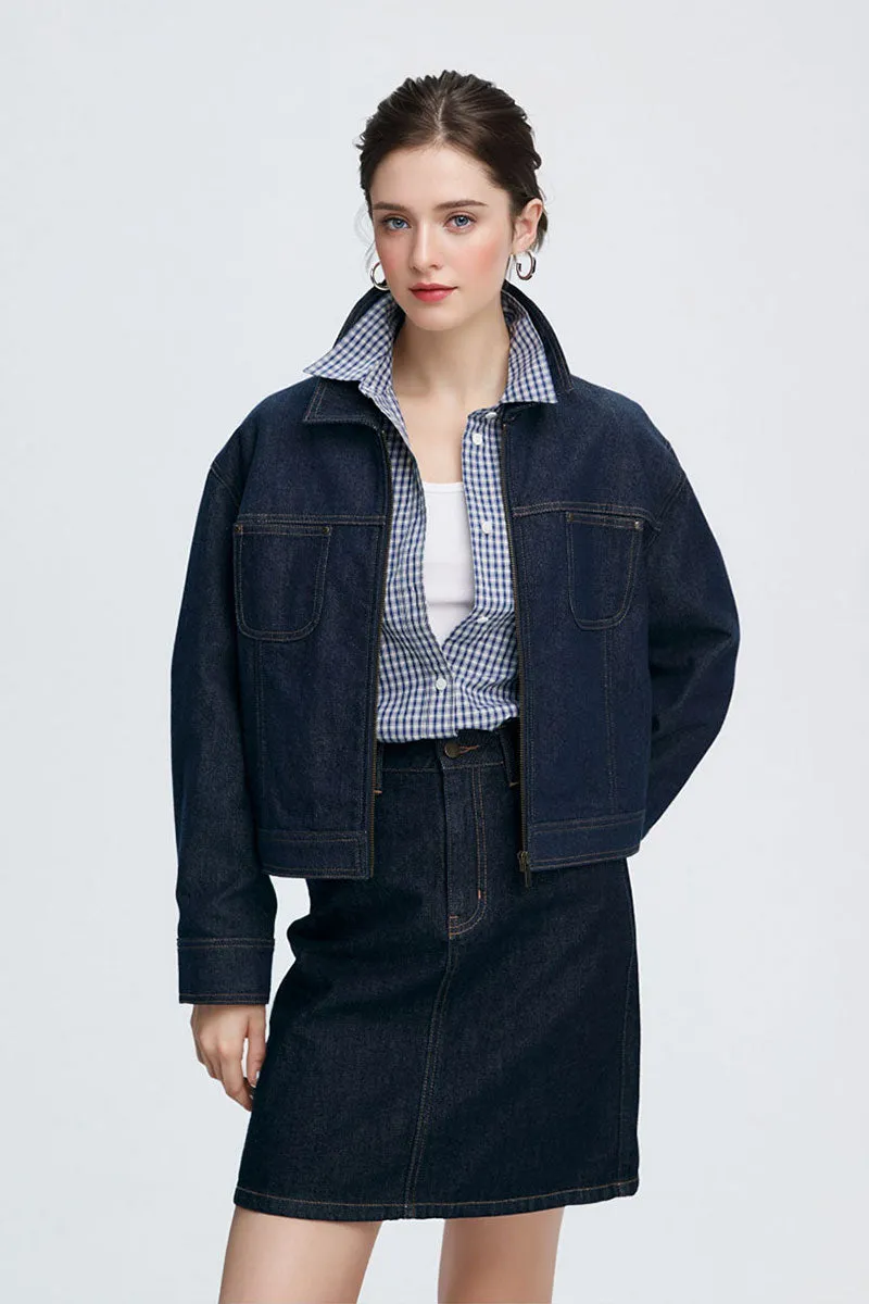 Vintage Cropped Zip-Up Denim Boxy Jacket with Pockets