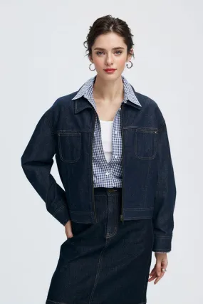 Vintage Cropped Zip-Up Denim Boxy Jacket with Pockets