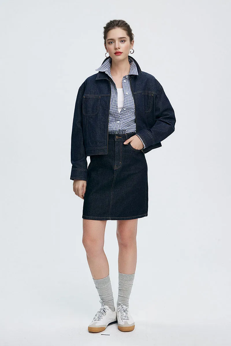 Vintage Cropped Zip-Up Denim Boxy Jacket with Pockets