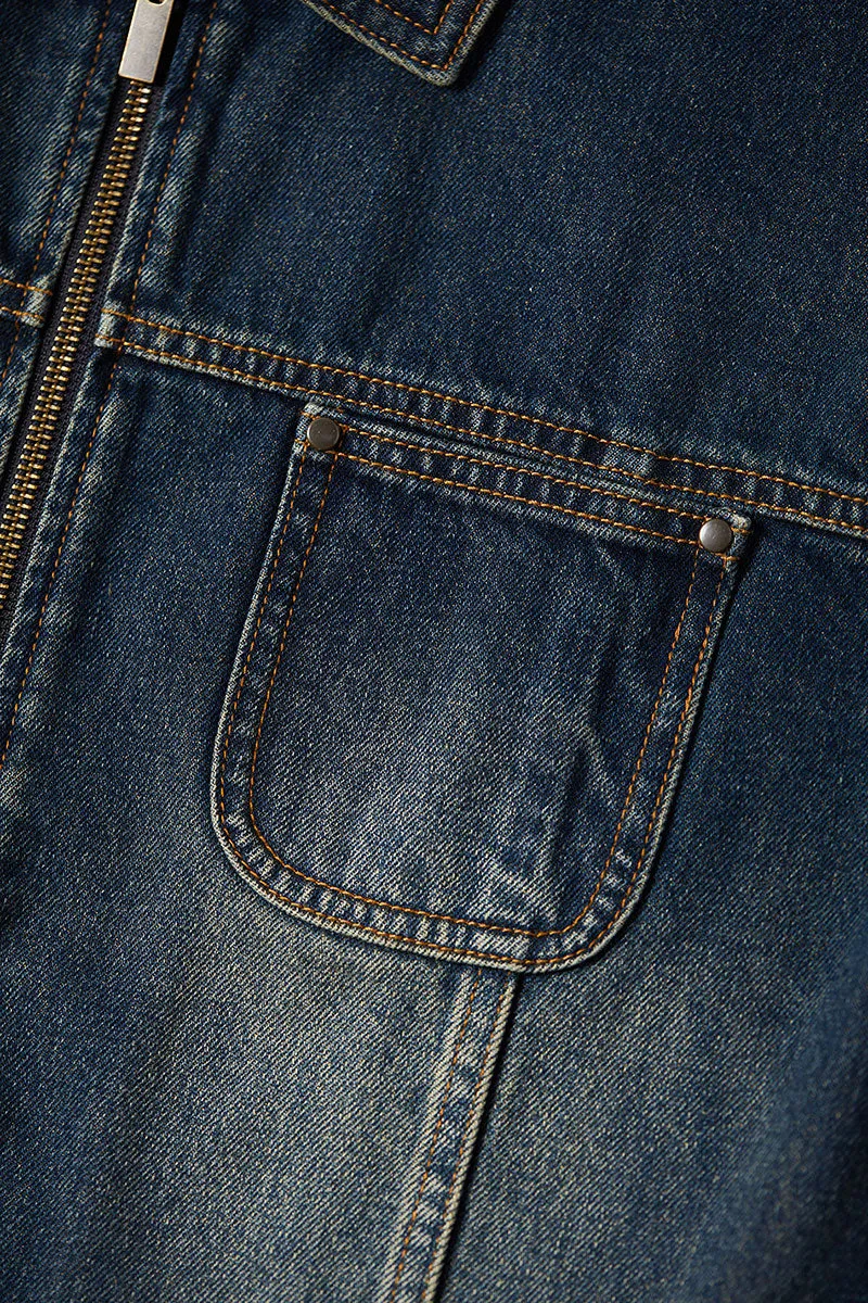Vintage Cropped Zip-Up Denim Boxy Jacket with Pockets