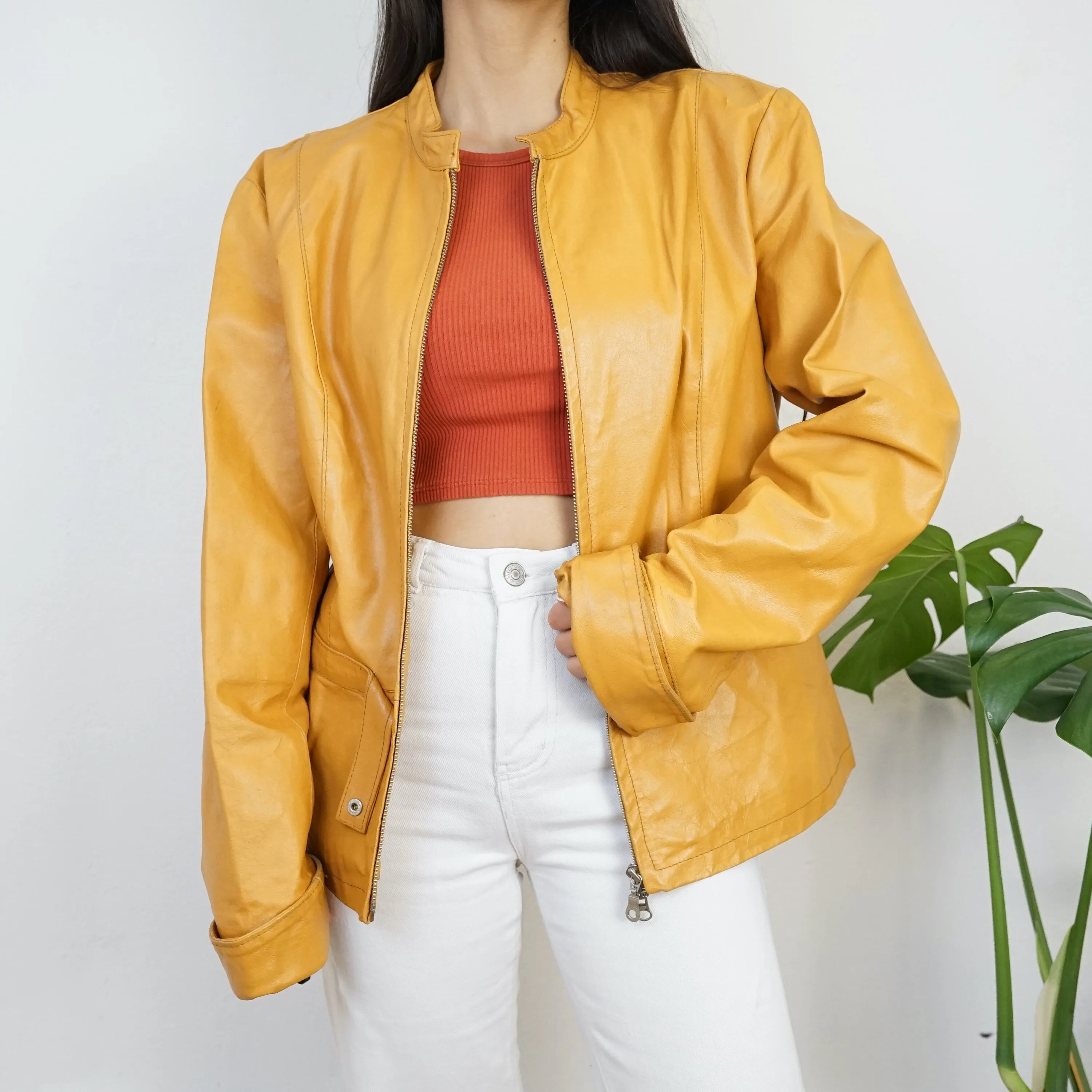 Vintage leather jacket Size L yellow