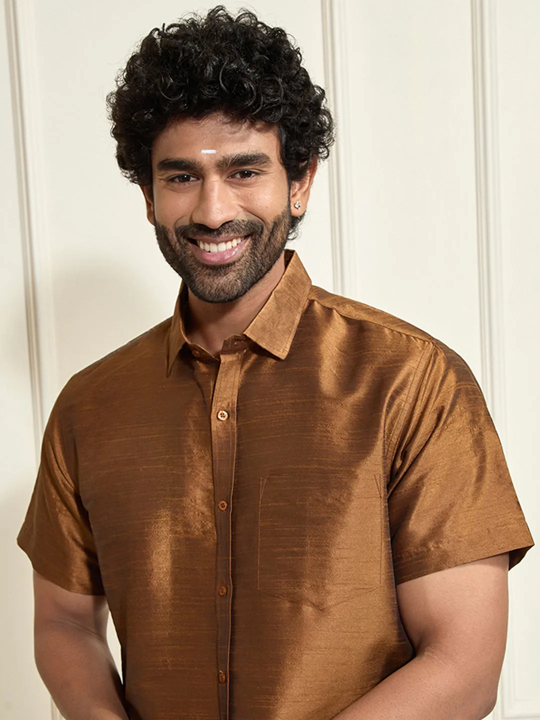 VM BY VASTRAMAY Men's Brown Silk Blend Ethnic Shirt