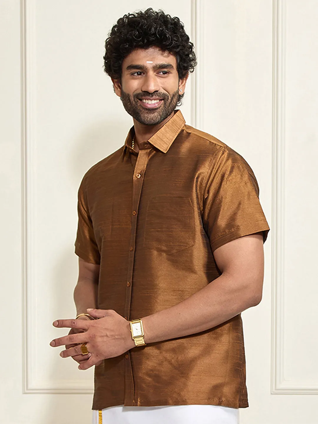VM BY VASTRAMAY Men's Brown Silk Blend Ethnic Shirt