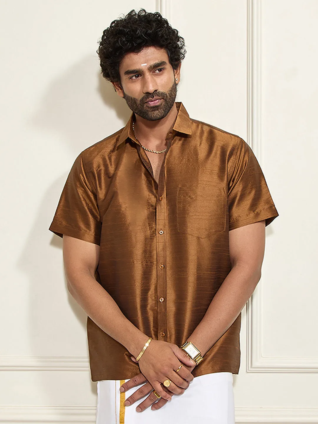 VM BY VASTRAMAY Men's Brown Silk Blend Ethnic Shirt