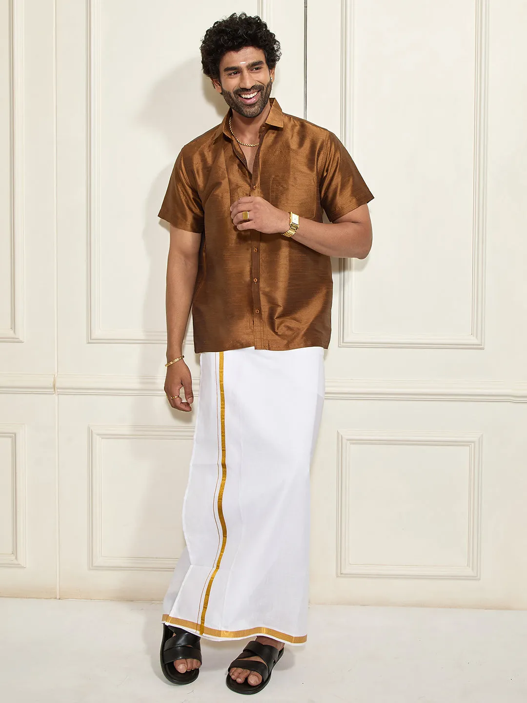 VM BY VASTRAMAY Men's Brown Silk Blend Ethnic Shirt