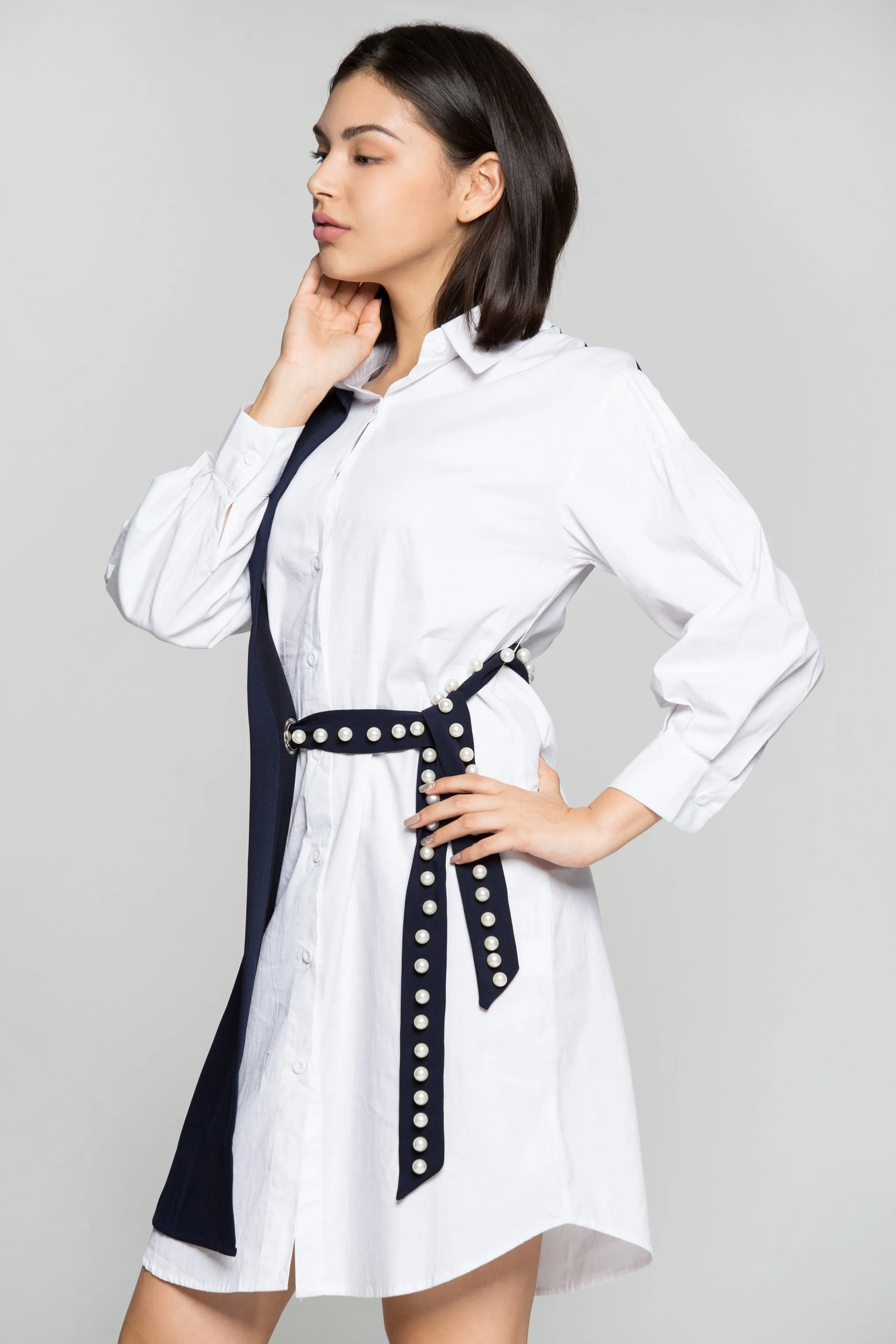 White and Navy Blue Full Sleeves Shirt Dress with Pearl Bow Belt