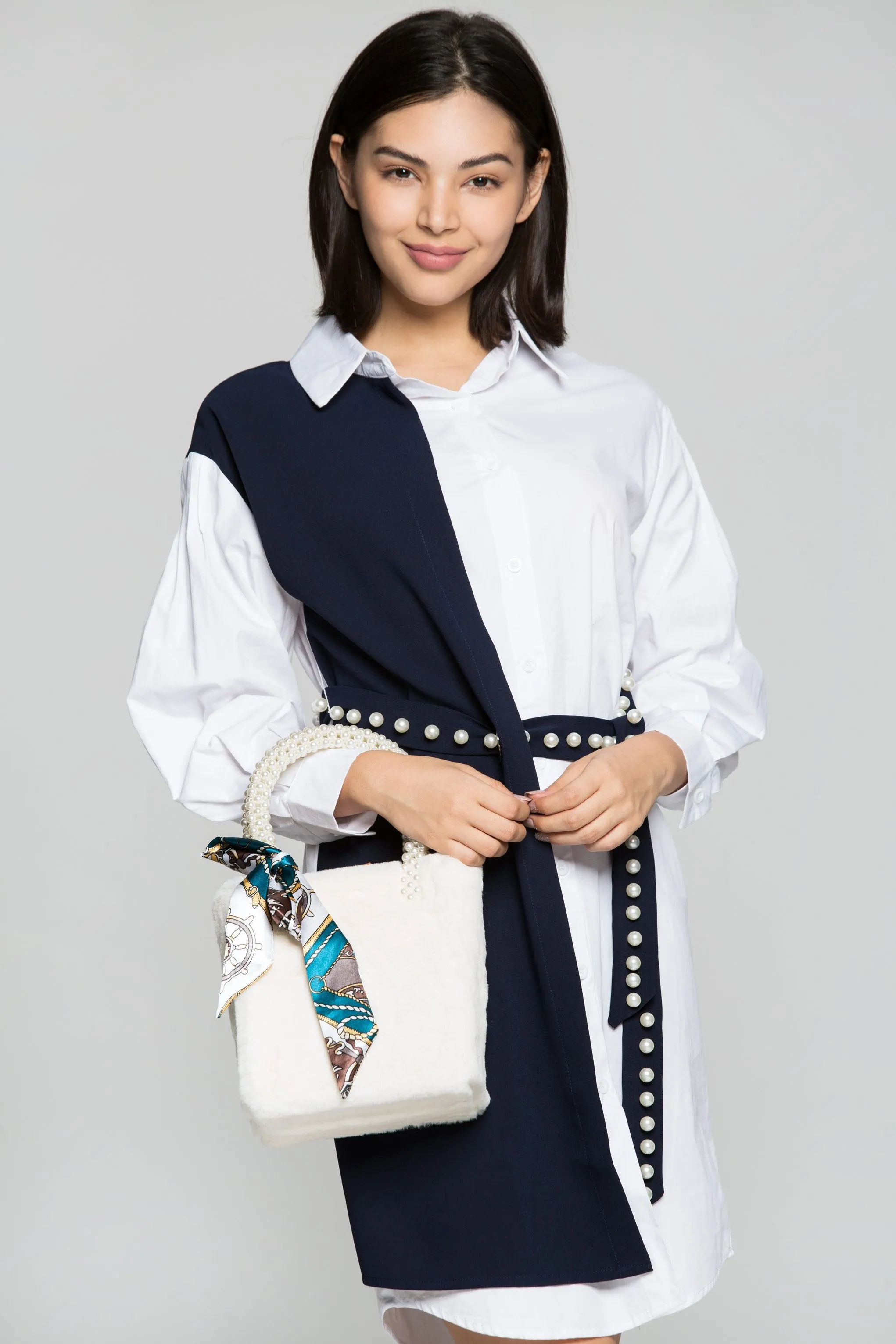 White and Navy Blue Full Sleeves Shirt Dress with Pearl Bow Belt