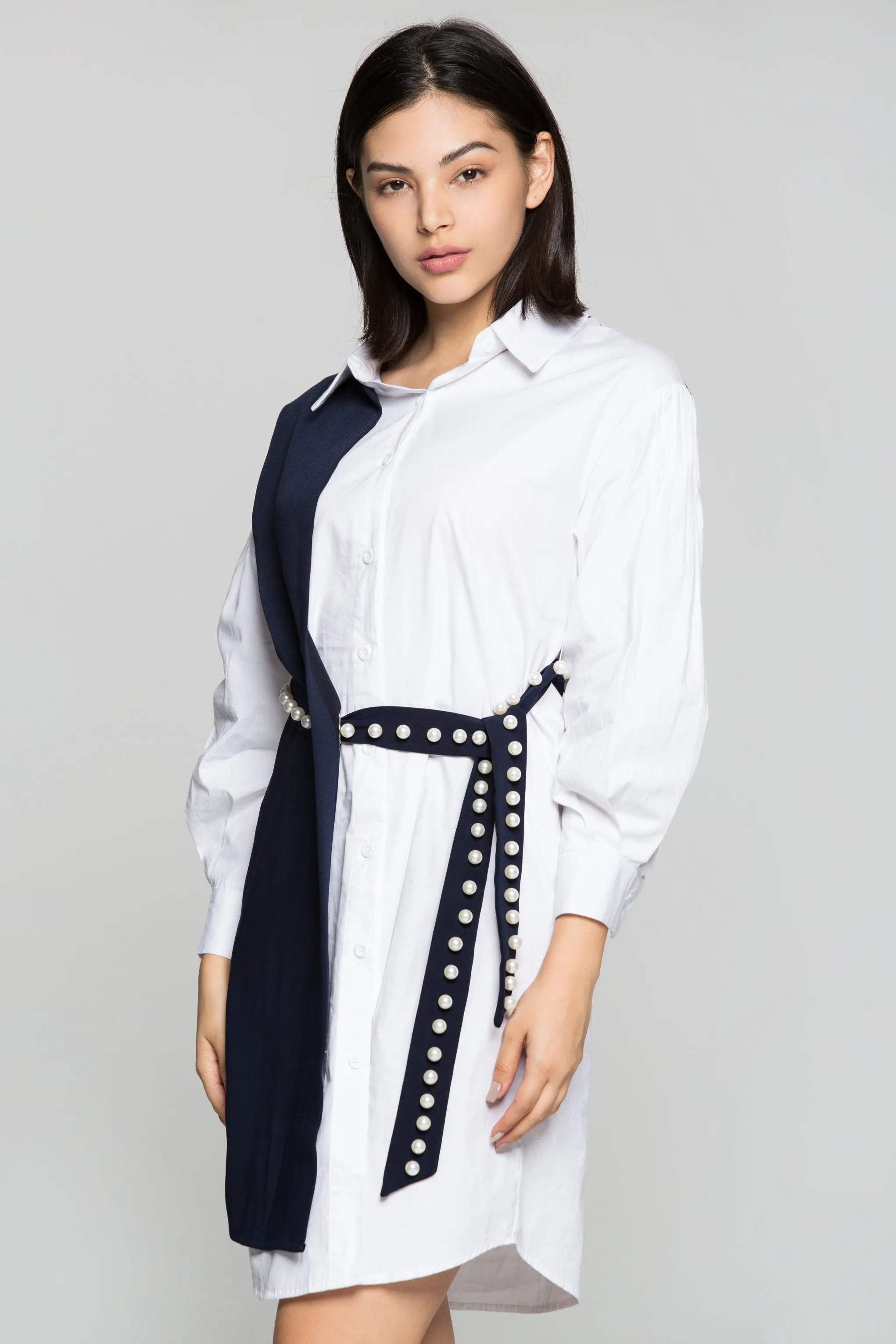 White and Navy Blue Full Sleeves Shirt Dress with Pearl Bow Belt