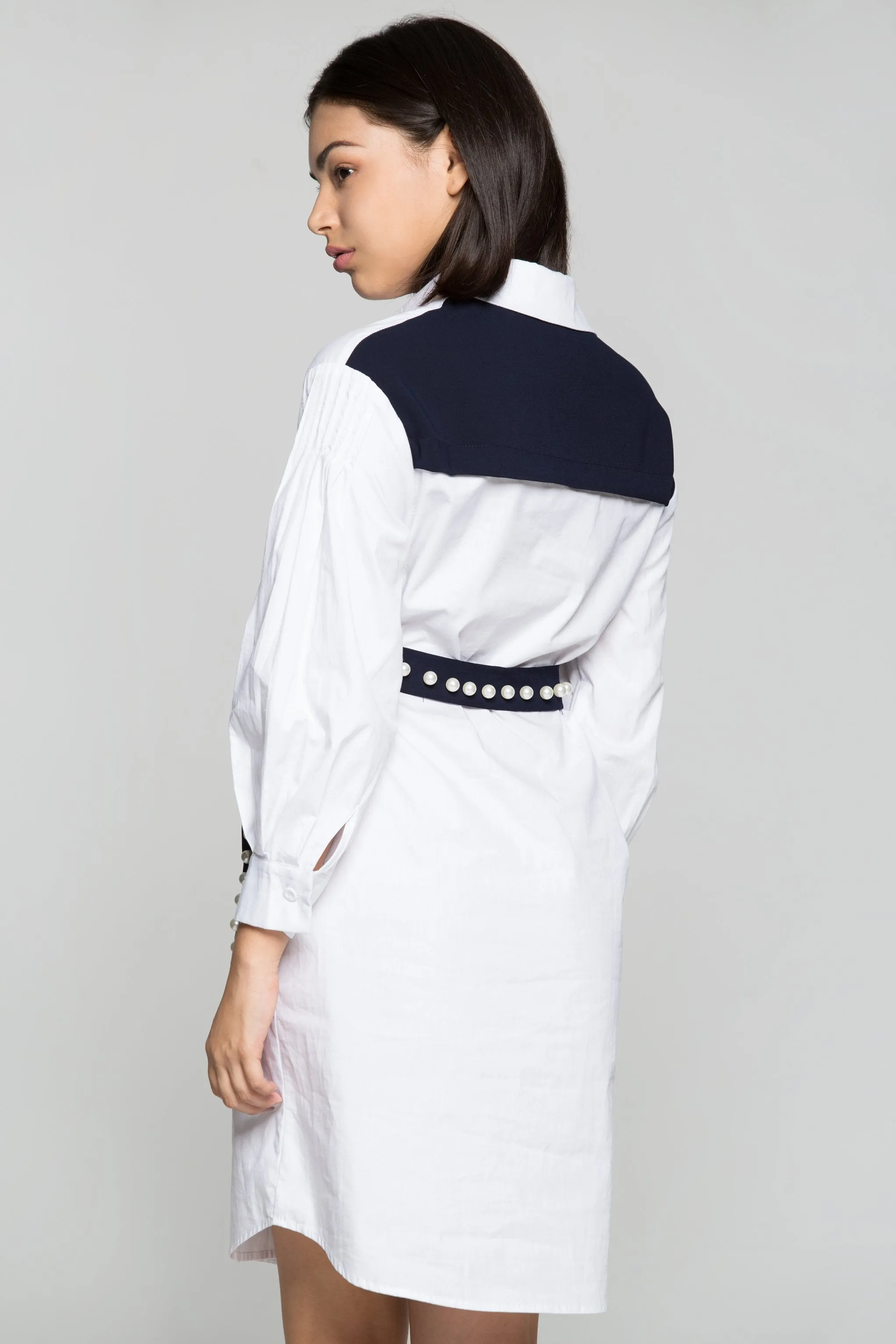 White and Navy Blue Full Sleeves Shirt Dress with Pearl Bow Belt