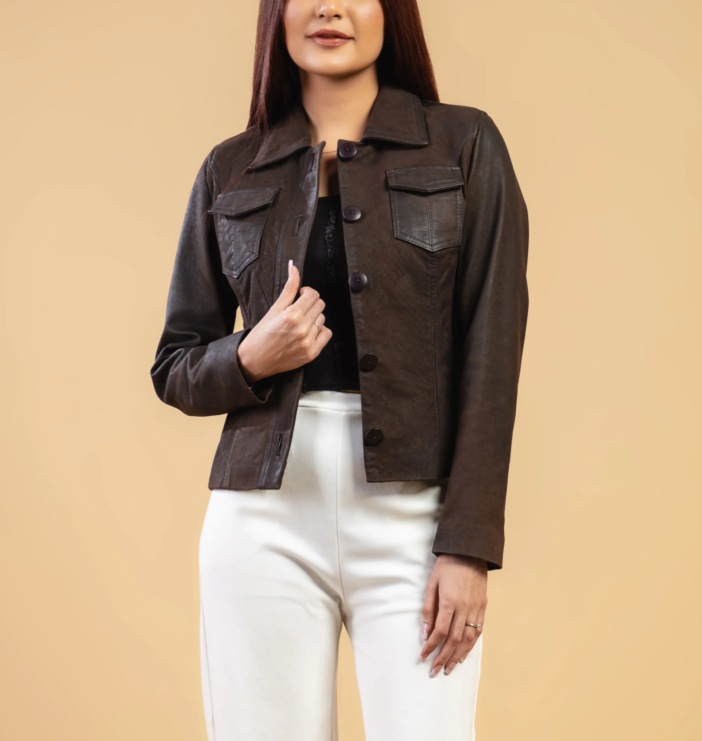 Woman Real Brown Snuff Lambskin Leather Jacket