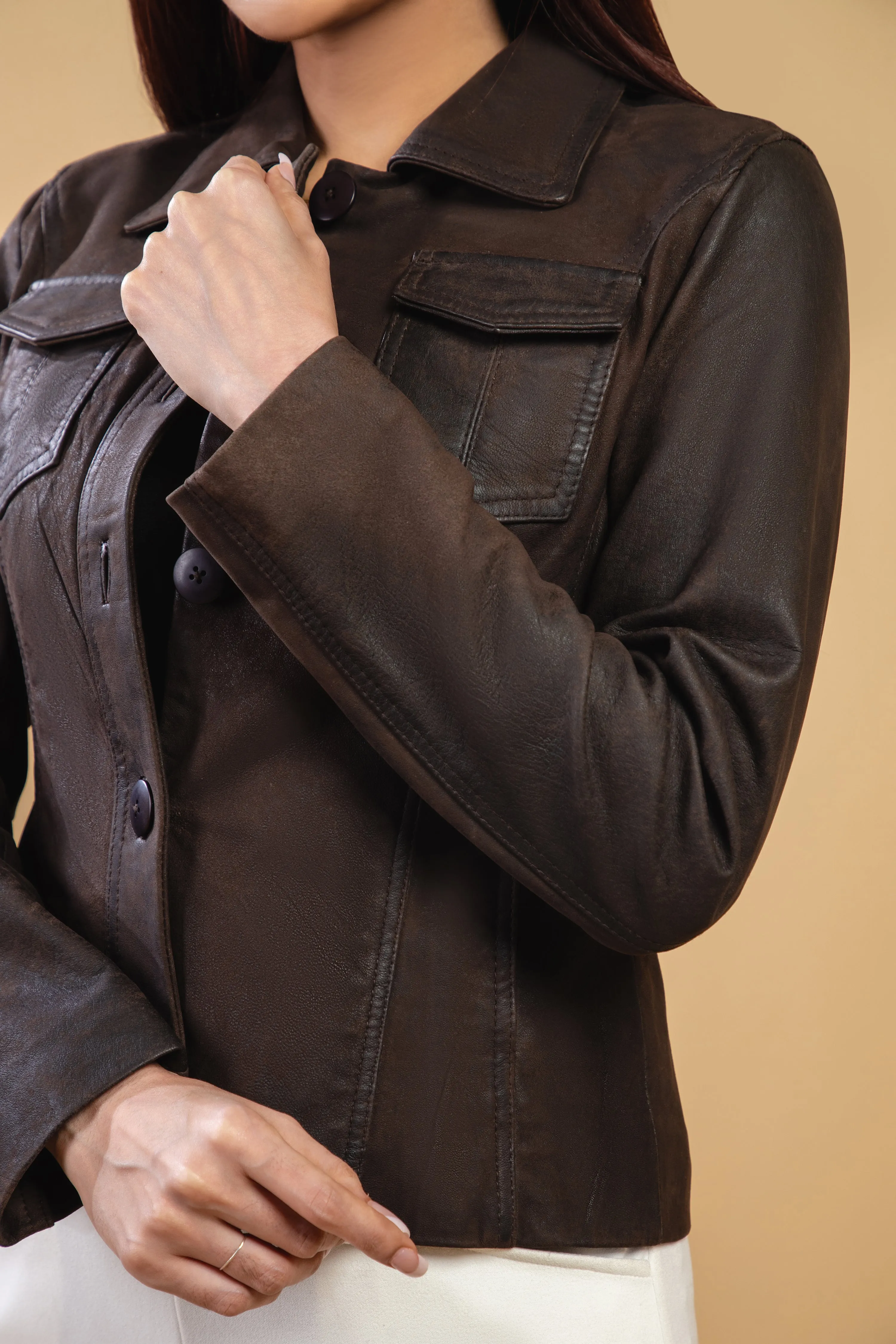 Woman Real Brown Snuff Lambskin Leather Jacket