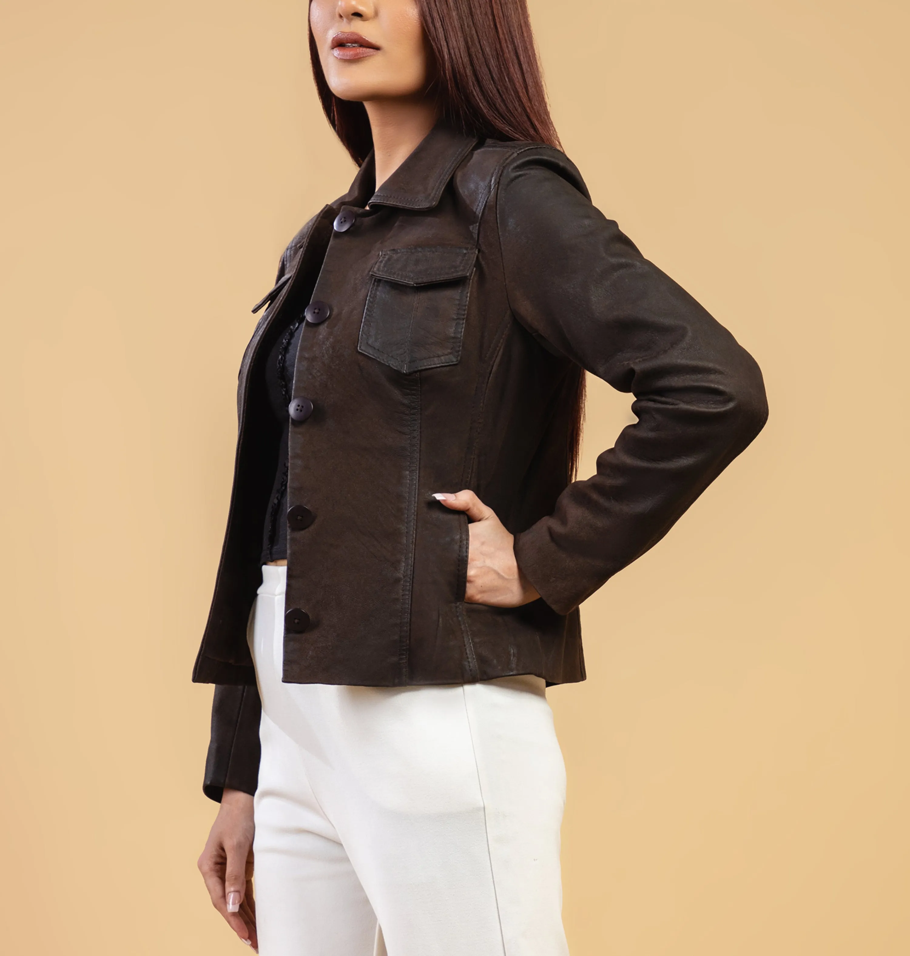 Woman Real Brown Snuff Lambskin Leather Jacket