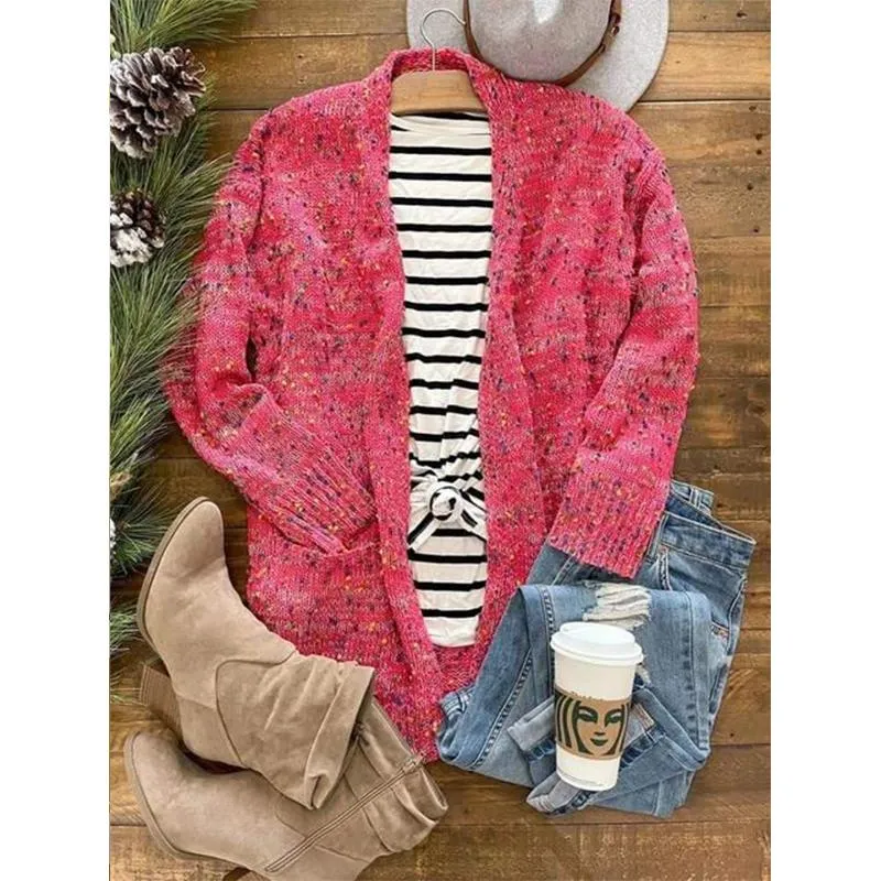 Women colorful dot knitted winter fall pockets long cardigan