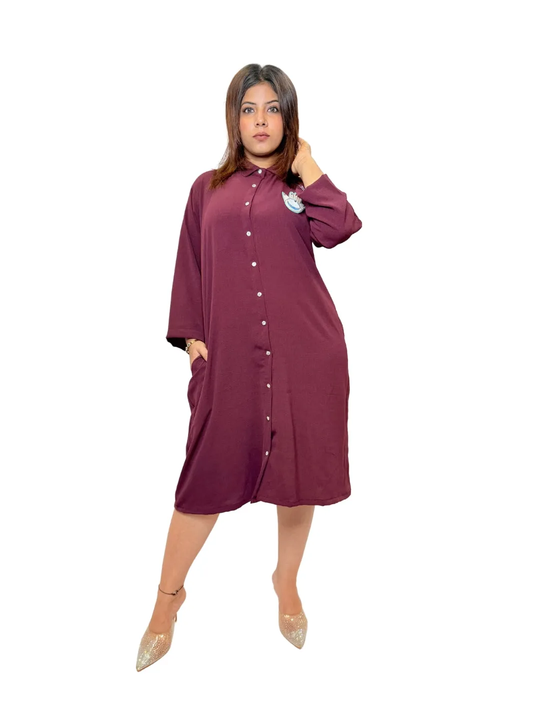 Women Maroon Evil Eye Charm Long Shirt Dress