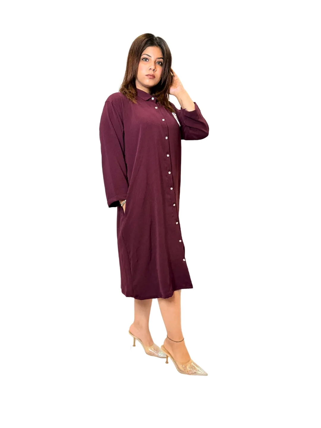 Women Maroon Evil Eye Charm Long Shirt Dress