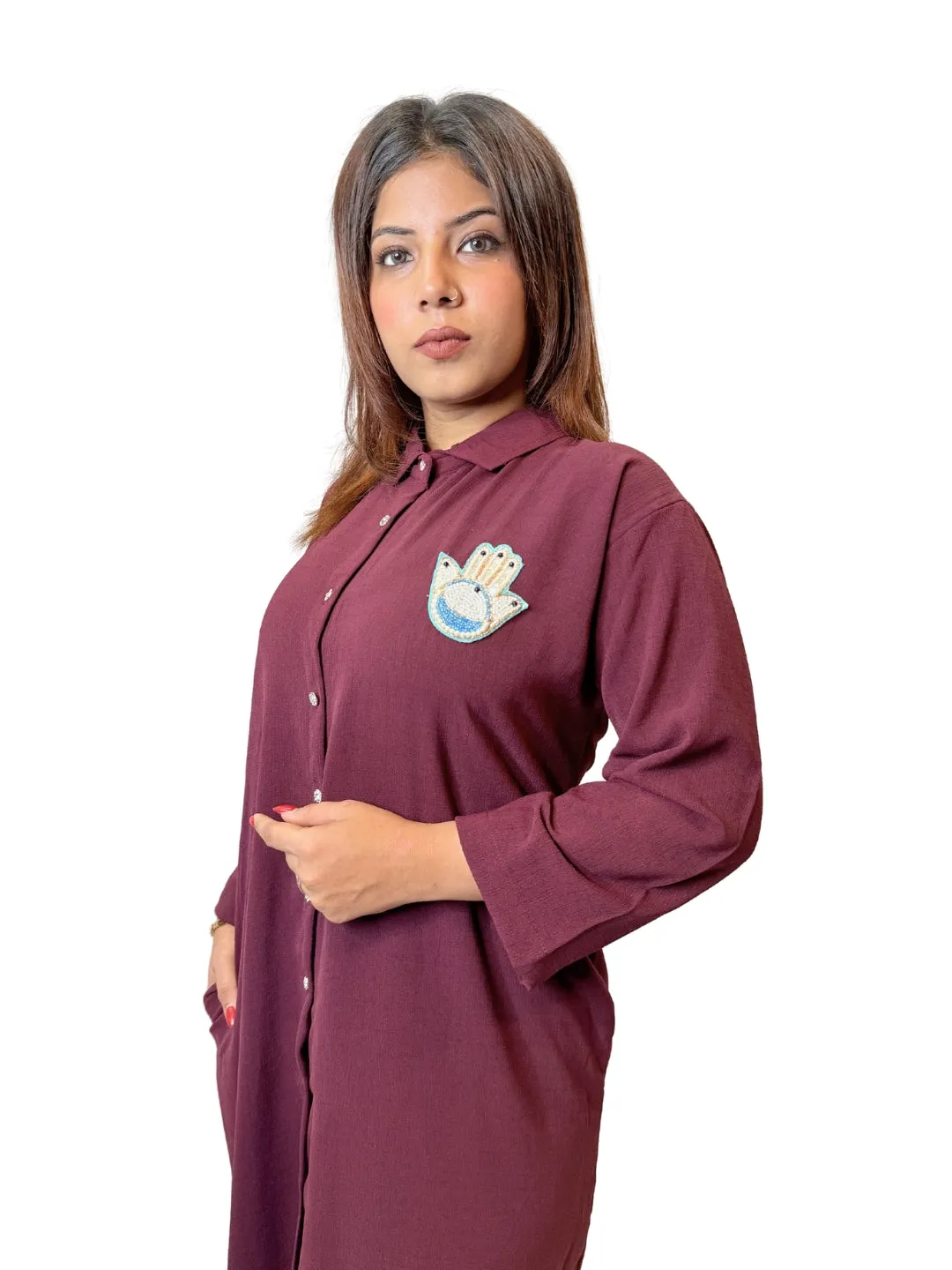 Women Maroon Evil Eye Charm Long Shirt Dress