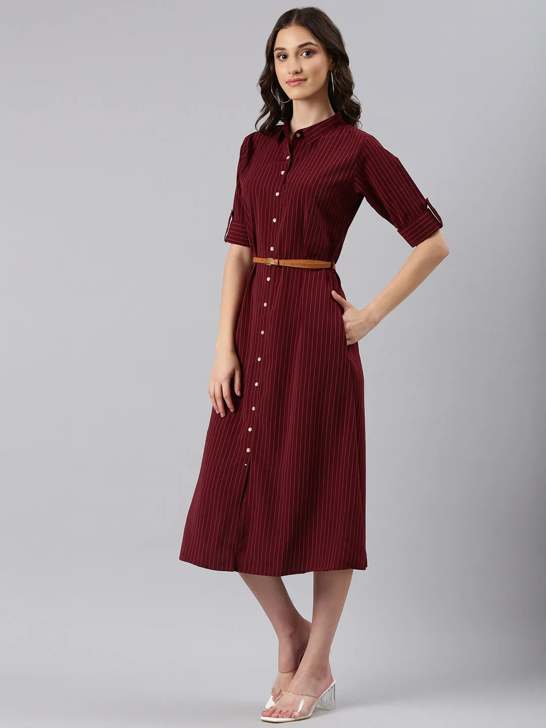 Women Maroon Striped Shirt Dress