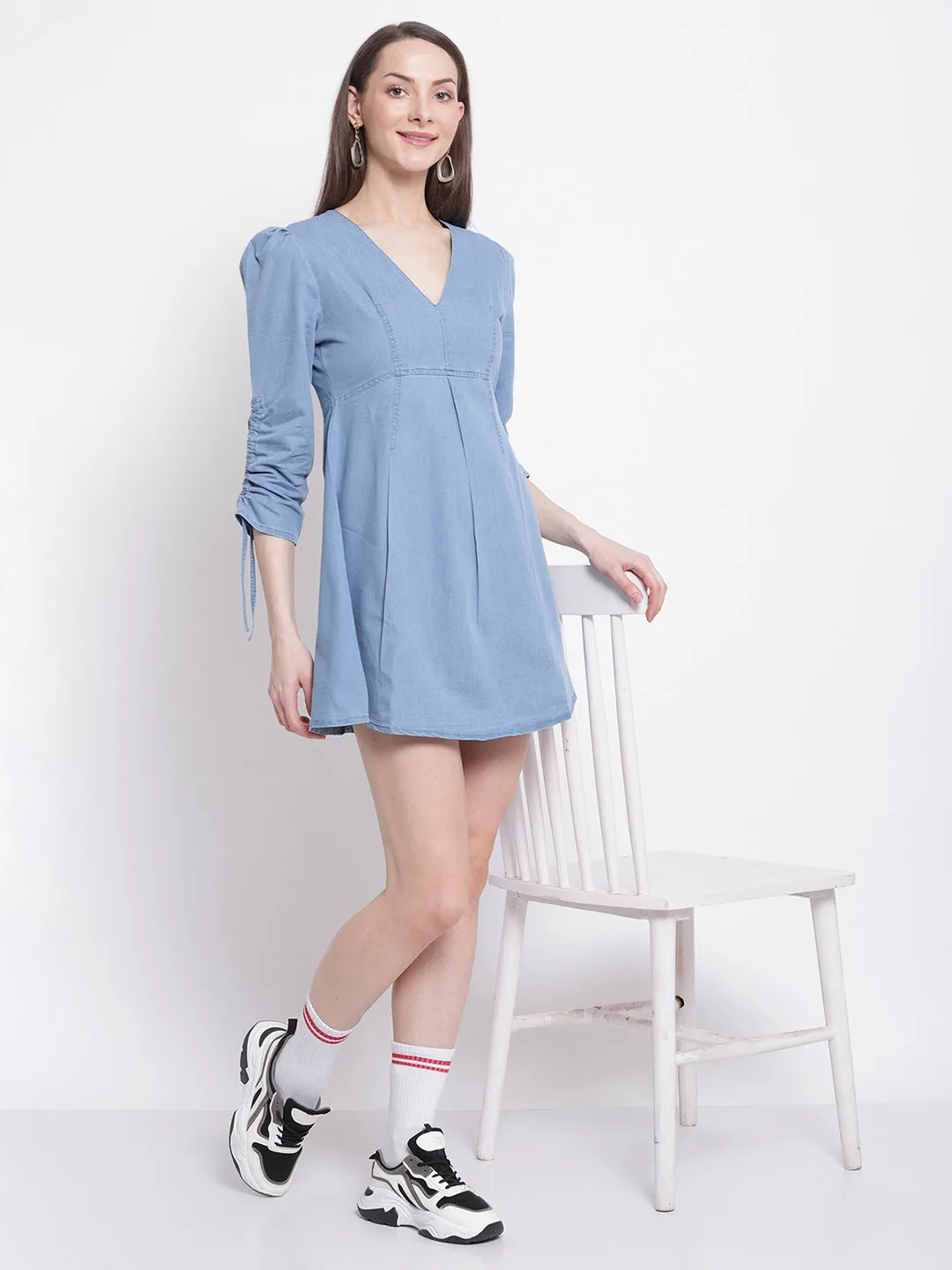 Women Sky Blue Denim Flared Mini Dress