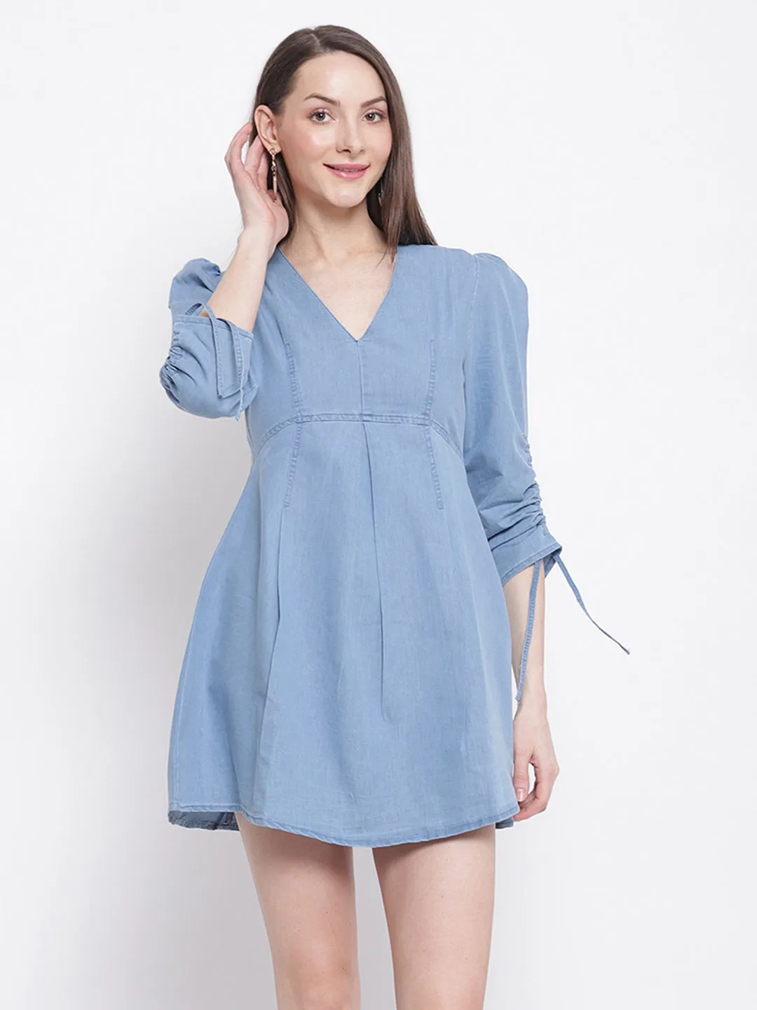 Women Sky Blue Denim Flared Mini Dress
