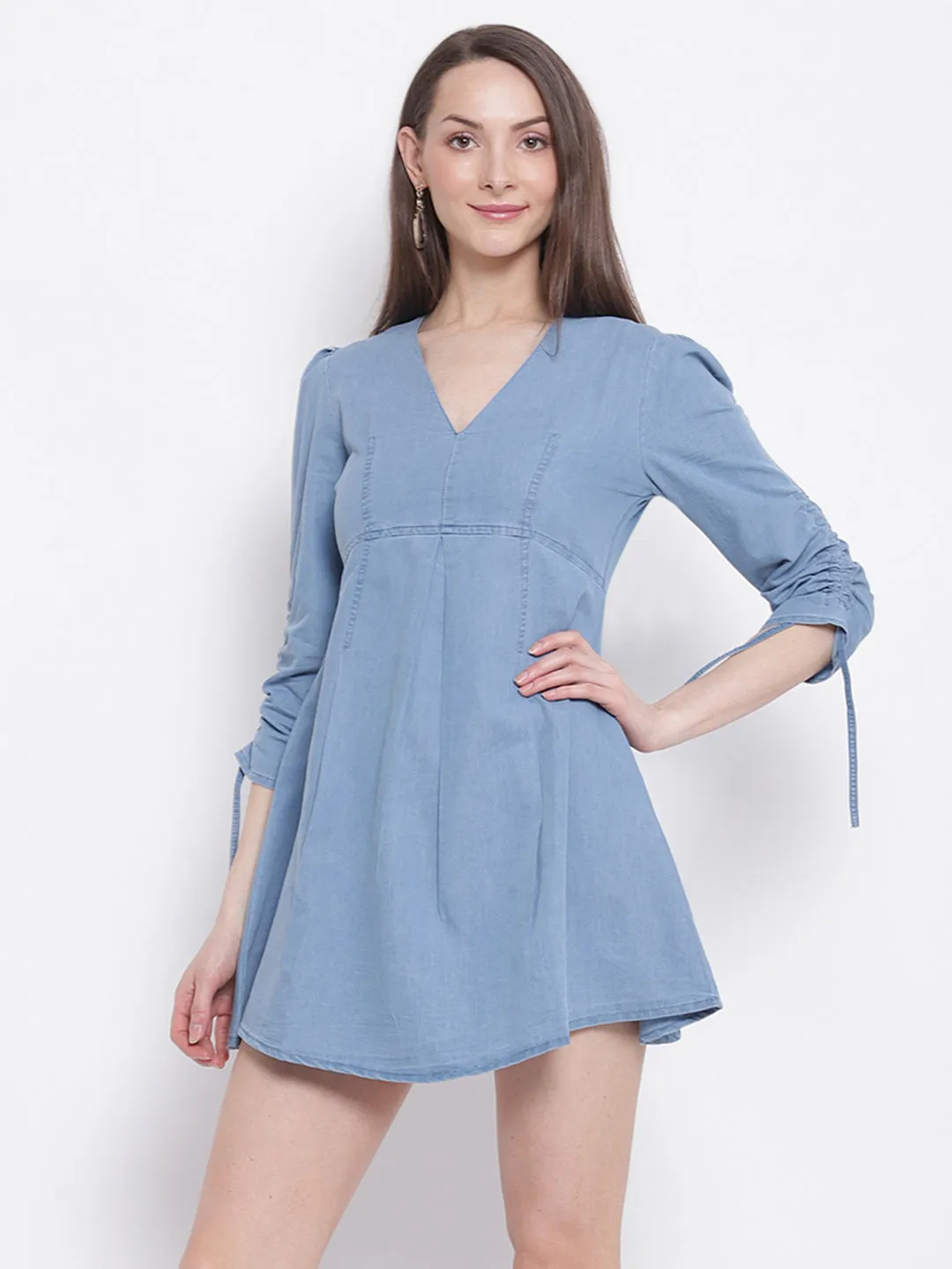 Women Sky Blue Denim Flared Mini Dress