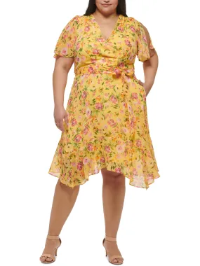 Women's Floral Printed MIDI Mesh Dress,Yellow