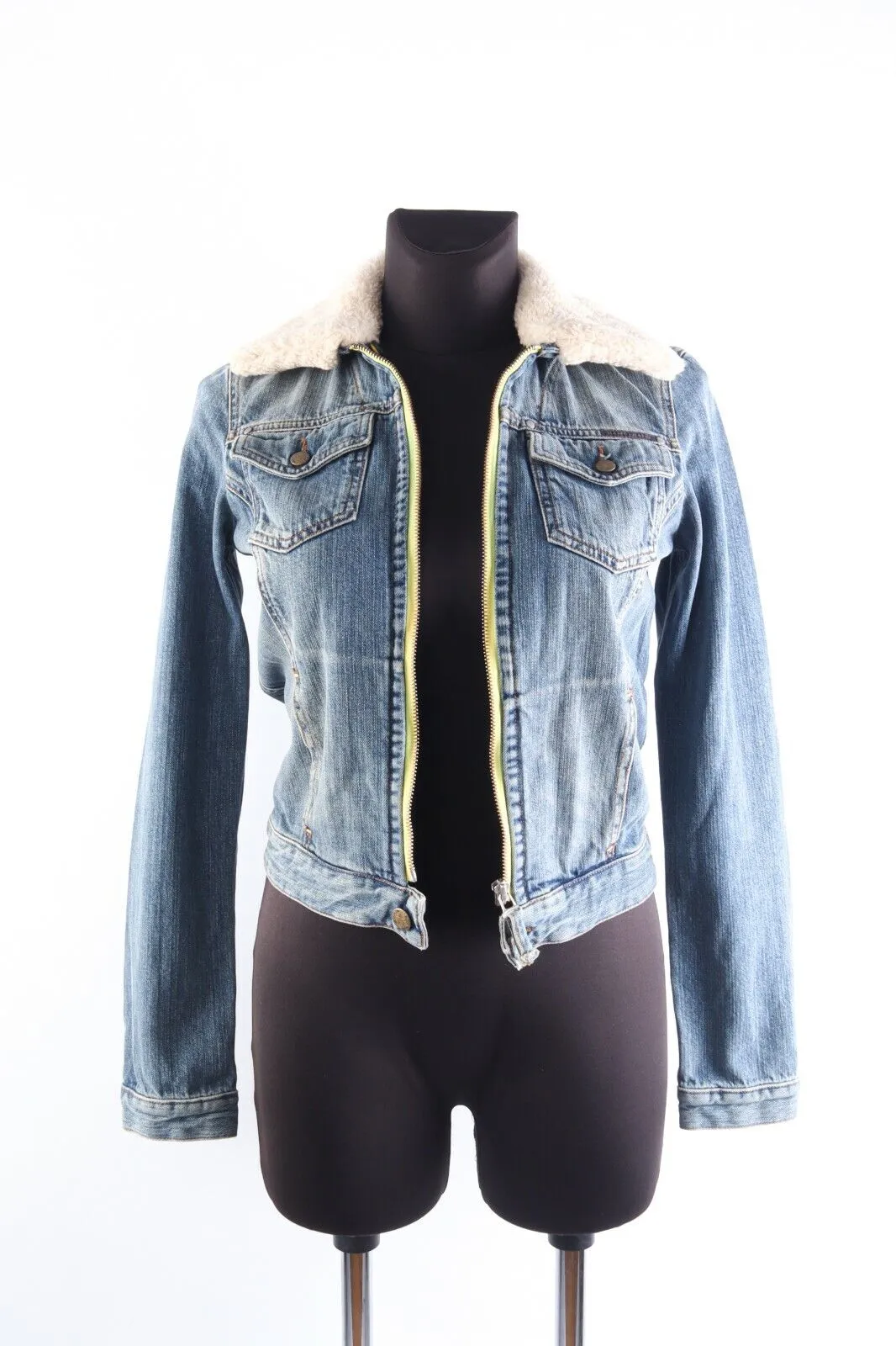 Women's GANT Blue Denim 100% Cotton Sherpa Detachable Collar Jacket Size XXS