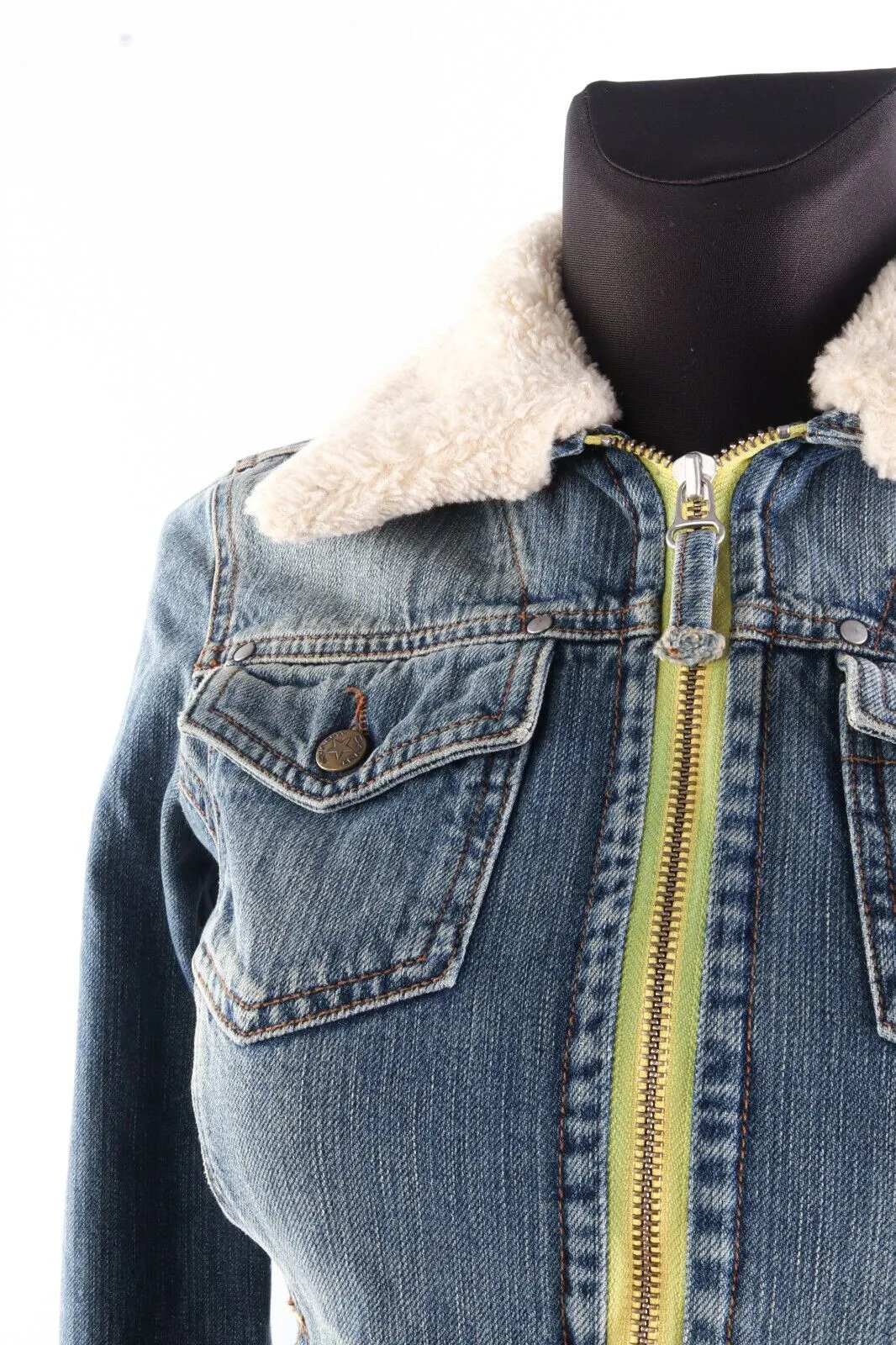 Women's GANT Blue Denim 100% Cotton Sherpa Detachable Collar Jacket Size XXS