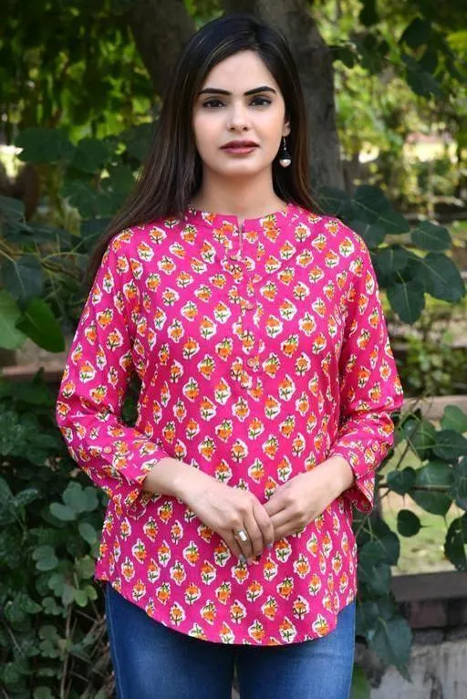 Women's Pink Floral Regular Fit 3/4 Sleeve Top