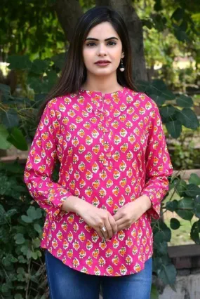 Women's Pink Floral Regular Fit 3/4 Sleeve Top