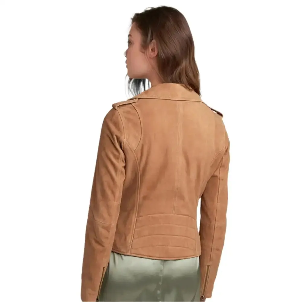 Women's Tan Brown Suede Leather Moto Jacket – Stylish & Chic