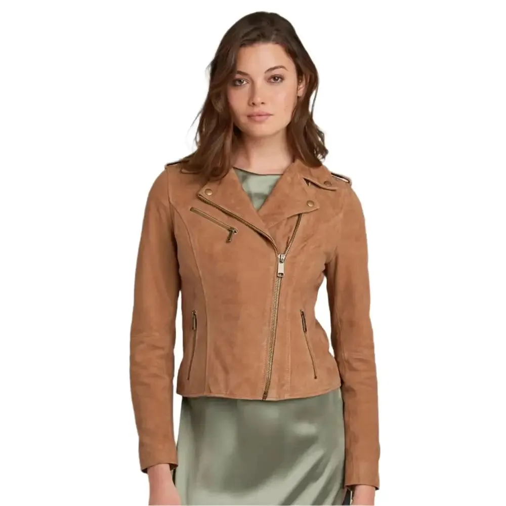 Women's Tan Brown Suede Leather Moto Jacket – Stylish & Chic