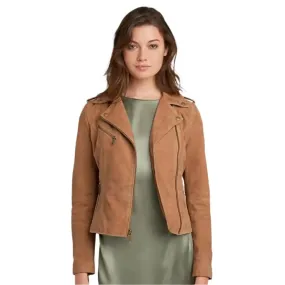 Women's Tan Brown Suede Leather Moto Jacket – Stylish & Chic