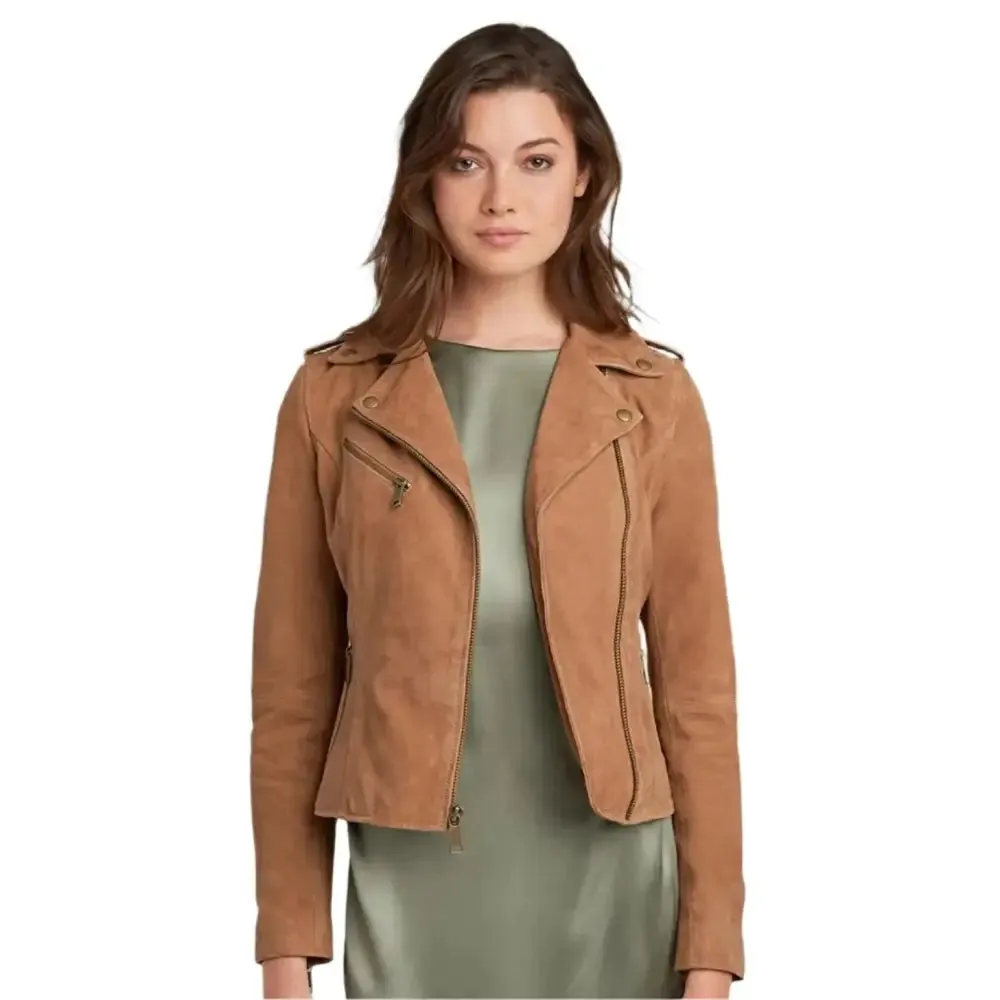 Women's Tan Brown Suede Leather Moto Jacket – Stylish & Chic