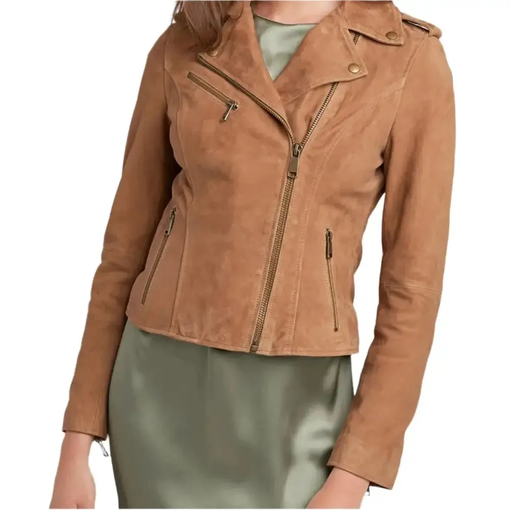 Women's Tan Brown Suede Leather Moto Jacket – Stylish & Chic