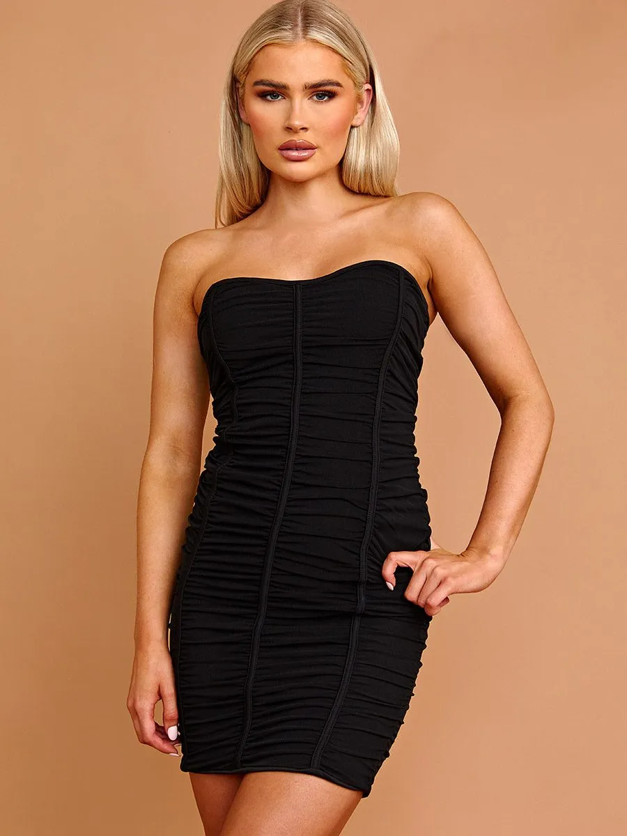 Yona Ruched Mesh Bandeau Dress In Black